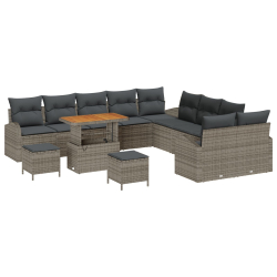 Zestaw Sofy Ogrodowej 13-Częściowej z Poduszkami Szary Poli Rattan Akacja, 2-osobowa Sofa Ogrodowa z Poduszkami Szary Poli Rattan, 3-Częściowy Zestaw