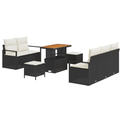 8-częściowy zestaw sofa ogrodowa z poduszkami czarny rattan akacja, Sofa ogrodowa 2-osobowa z poduszkami czarny rattan, Zestaw ogrodowy 3-częściowy z