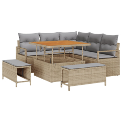 Zestaw ogrodowy 8-częściowy z poduszkami Beżowy Syntetyczny rattan Akacja, 2-osobowa sofa ogrodowa z poduszkami Beżowy Syntetyczny rattan, Zestaw jada
