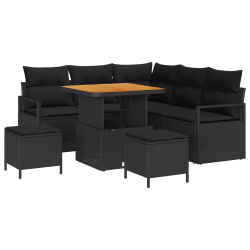 8-częściowy zestaw sof ogrodowych z poduszkami Czarny Poli Rattan Akacja, 2-osobowa sofa ogrodowa z poduszkami Czarny Poli Rattan, 3-częściowy zestaw