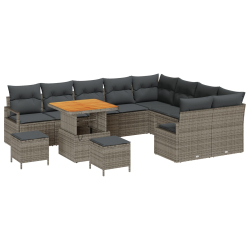12-elementowy zestaw sof ogrodowych z poduszkami szary rattan akacja, 3-elementowy zestaw jadalniany z poduszkami szary rattan akacja, 2-osobowa sofa