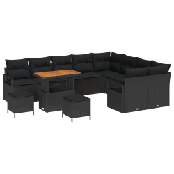 12-elementowy zestaw sof ogrodowych z poduszkami czarny rattan akacja, 3-elementowy zestaw jadalny do ogrodu z poduszkami czarny rattan akacja, Sofa o