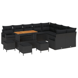 Zestaw Sofy Ogrodowej 13 Części z Poduszkami Czarny Wicker Akacja, Zestaw Mebli Ogrodowych 4 Części z Poduszkami Czarny Wicker Akacja, Dwuosobowa Sofa