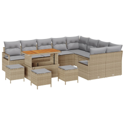 13-częściowy zestaw sof ogrodowych z poduszkami beżowy rattan akacja, 4-częściowy zestaw obiadowy ogrodowy z poduszkami beżowy rattan akacja, 2-osobow