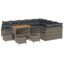 13-częściowy zestaw sof ogrodowych z poduszkami szare rattan akacja, 4-częściowy zestaw jadalny do ogrodu z poduszkami szare rattan akacja, Sofa ogrod