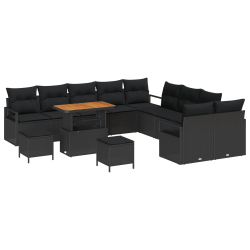 Zestaw sof ogrodowych 13-częściowy z poduszkami Czarny Poli Rattan Akacja, 2-osobowa sofa ogrodowa z poduszkami Czarny Poli Rattan, 3-częściowy zestaw