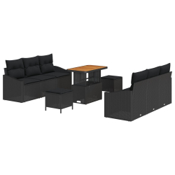Zestaw sof ogrodowych z poduszkami czarny poli rattan akacja, Sofa ogrodowa 2-osobowa z poduszkami czarny poli rattan, Zestaw jadalny ogrodowy 3 częśc