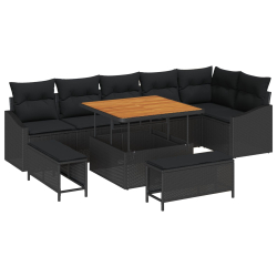 9-elementowy zestaw sofy ogrodowej z poduszkami czarny Poli Rattan akacja, 2-osobowa sofa ogrodowa z poduszkami czarny Poli Rattan, 3-elementowy zesta