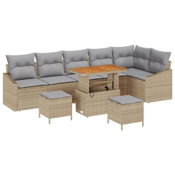 9-częściowy zestaw sof ogrodowych z poduszkami Beżowy Rattan Akacja, 2-osobowa sofa ogrodowa z poduszkami Beżowy Rattan, 3-częściowy zestaw stołowy og