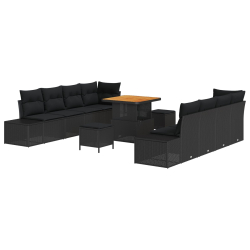 Zestaw 11 Częściowych Sof Ogrodowych z Poduszkami Czarny Rattan Akacja, 2-osobowa Sofa Ogrodowa z Poduszkami Czarny Rattan, Zestaw 3 Częściowy Jadalny