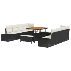 Zestaw sofy ogrodowej w 11 częściach z poduszkami czarny poly rattan akacja, Sofa ogrodowa z poduszkami czarny poly rattan, Zestaw do jedzenia ogrodow