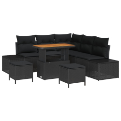 8-częściowy Zestaw Sof Ogrodowych z Poduszkami Czarny Rattan Poli Akacja, 2-osobowa Sofa Ogrodowa z Poduszkami Czarny Rattan Poli, 3-częściowy Zestaw