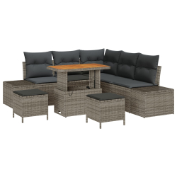 8-elementowy zestaw sof ogrodowych z poduszkami Szary Poli Rattan Akacja, 2-osobowa sofa ogrodowa z poduszkami Szary Poli Rattan, 3-elementowy zestaw