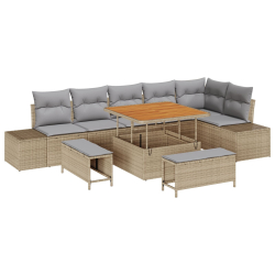 9-częściowy zestaw sof ogrodowych z poduszkami, beżowy, polirattan, akacja, 2-osobowa sofa ogrodowa z poduszkami, beżowy, polirattan, 3-częściowy zest