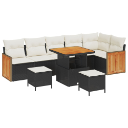 9-częściowy zestaw sof ogrodowych z poduszkami czarny rattan akacja, 2-osobowa sofa ogrodowa z poduszkami czarny rattan, Zestaw obiadowy ogrodowy 3-cz