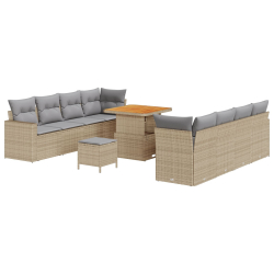 Zestaw 11-częściowy sofy ogrodowej z poduszkami Beżowy Rattan Akacja, Zestaw 3-częściowy stół ogrodowy z poduszkami Beżowy Rattan Akacja