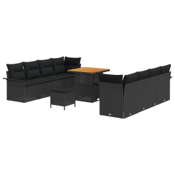 11-częściowy zestaw sof ogrodowych z poduszkami Czarny Poli Rattan Akacja, 2-osobowa sofa ogrodowa z miejscem na przechowywanie i poduszkami Czarny Po