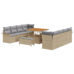 Zestaw sof ogrodowych 11 częściowy z poduszkami Beżowy, poli rattan, akacja, 2-osobowa sofa ogrodowa z miejscem na przechowywanie i poduszkami Beżowa,