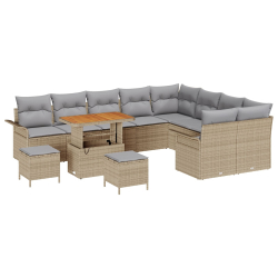 Zestaw 12-elementowy sof ogrodowych z poduszkami Beżowy Rattan Akacja, Dwustronna sofa ogrodowa z miejscem na przechowywanie i poduszkami Beżowy Ratta