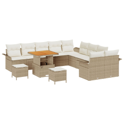 13-częściowy zestaw sof ogrodowych z poduszkami Beżowy Rattan Akacja, 2-osobowa sofa ogrodowa z miejscem do przechowywania i poduszkami Beżowy Rattan,
