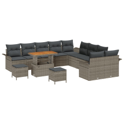 13-częściowy zestaw sofa ogrodowa z poduszkami Szary Poly Rattan Akacja, 2-osobowa sofa ogrodowa z miejscem do przechowywania i poduszkami Szary Poly