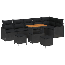 Zestaw 9-częściowy sofa ogrodowa z poduszkami Czarny Polirattan Akacja, Sofa ogrodowa 2-osobowa z schowkiem i poduszkami Czarny Polirattan, Zestaw do