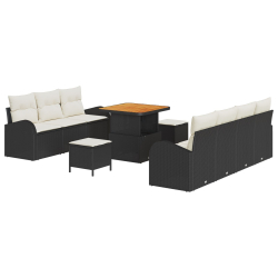 10-elementowy zestaw sof ogrodowych z poduszkami Czarny Poli Rattan Akacja, 2-osobowa sofa ogrodowa z schowkiem i poduszkami Czarny Poli Rattan, 3-ele
