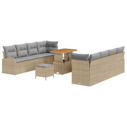 Zestaw 11-częściowy sofa ogrodowa z poduszkami beżowy polirattan akacja, Sofa ogrodowa 2-osobowa z przechowywaniem i poduszkami beżowy polirattan, Zes