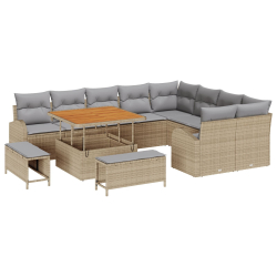 Zestaw 12-elementowy sofy ogrodowej z poduszkami Beżowy Poli Rattan Akacja, 2-osobowa sofa ogrodowa z miejscem do przechowywania i poduszkami Beżowy P