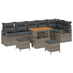 Zestaw 9-częściowy sof ogrodowych z poduszkami szary rattan poliester, Sofa ogrodowa 2-osobowa z przechowalnią i poduszkami szary rattan poliester, Ze