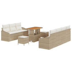 zestaw sof ogrodowych 10 elementów z poduszkami bezowy rattan akacja, 2-osobowa sofa ogrodowa z miejscem na schowek i poduszkami beżowy rattan, 3-częś