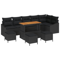Zestaw Sofy Ogrodowej 10-częściowy z poduszkami Czarny Poli Rattan Akacja, 2-osobowa Sofa Ogrodowa z przechowalnią i poduszkami Czarny Poli Rattan, Ze