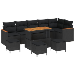Zestaw 10-elementowy Sofa ogrodowa z poduszkami Czarne Polirattan Akacja, Zestaw 4-elementowy Jadalnia ogrodowa z poduszkami Czarne Polirattan Akacja