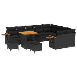 Zestaw 12-częściowy sofa ogrodowa z poduszkami czarny poli rattan akacja, Zestaw 3-częściowy do jadalni z poduszkami czarny poli rattan akacja