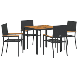 Zestaw do jedzenia w ogrodzie 5 elementowy Czarny rattan, Krzesła ogrodowe składane z poduszkami - zestaw 2 elementowy w czarnym rattan