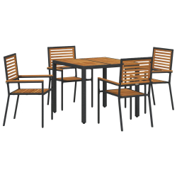 5-częściowy zestaw do jedzenia w ogrodzie Czarny poli rattan akacja, Krzesła ogrodowe do układania z poduszkami 2 szt. Czarny poli rattan