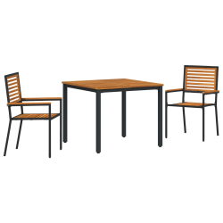 3-częściowy zestaw do jadalni w ogrodzie Czarny Poli Rattan Akacja, Stacking Garden Chairs z poduszkami 2 szt Czarny Poli Rattan, Stół ogrodowy 90x90x