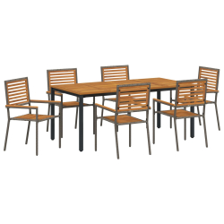 Zestaw Jadalny 7 Częściowy Szary Rattan Akacja, Krzesła Ogrodowe Składane z Poduszkami 2 sztuki Szare Rattan, Stół Ogrodowy 180x90x75 cm z Litego Drew