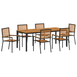 7-elementowy zestaw jadalny do ogrodu Czarny Poli Rattan Akacja, Składane krzesła ogrodowe z poduszkami 2 szt Czarny Poli Rattan, Stół ogrodowy 200x90