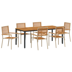 Zestaw do jadalni 7 częściowy Beżowy Poli Rattan Akacjowy, Krzesła ogrodowe z poduszkami - Zestaw 2 w Beżowym Poli Rattan, Stół ogrodowy 200x90x75 cm