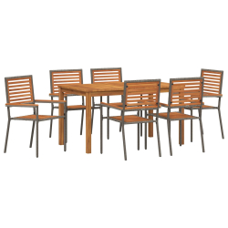 7 Częściowy Zestaw do Jadalni w Ogrodzie Szary Poly Rattan Akacja, Krzesła ogrodowe z poduszkami 2 szt Szary Poly Rattan