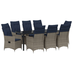 9-częściowy zestaw obiadowy do ogrodu z poduszkami Szary poli rattan, Stół ogrodowy Czarny 200x80x73 cm Szkło hartowane