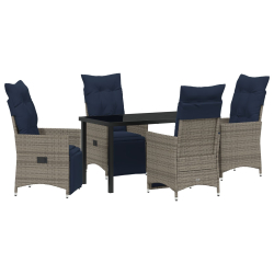 Zestaw jadalniany z 5 elementów z poduszkami szary w rattan, Stół ogrodowy czarny 140x80x73 cm ze szkła hartowanego