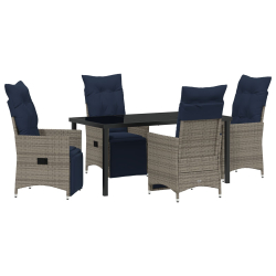 Zestaw jadalny 5 sztuk z poduszkami szary rattan, Stół ogrodowy czarny 160x80x73 cm szkło hartowane