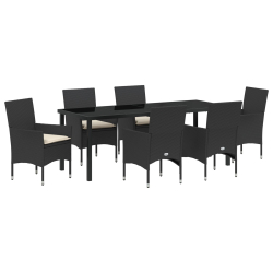 Zestaw 7-częściowy do jadalni ogrodowej z poduszkami Czarny Poli Rattan, Stół ogrodowy 200x80x73 cm Szkło hartowane