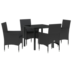 5-częściowy zestaw jadalny z poduszkami Czarny Rattan Syntetyczny, Stół ogrodowy Czarny 80x80x73 cm Szklany Hartowany