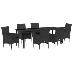 7-elementowy zestaw do jedzenia w ogrodzie z poduszkami czarny rattan, Stół ogrodowy czarny 200x80x73 cm szkło hartowane