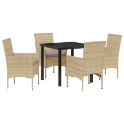 5-częściowy zestaw do jadalni w ogrodzie z poduszkami Beżowy poli rattan, Stół ogrodowy Czarny 80x80x73 cm z hartowanego szkła
