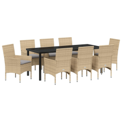 9-częściowy zestaw jadalniany do ogrodu z poduszkami Beżowy rattan poli, Stół ogrodowy Czarny 200x80x73 cm Szkło hartowane