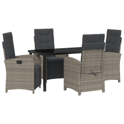 5-częściowy zestaw do jedzenia z poduszkami szary poli-rattan, czarny stół ogrodowy 140x80x73 cm ze szkła hartowanego